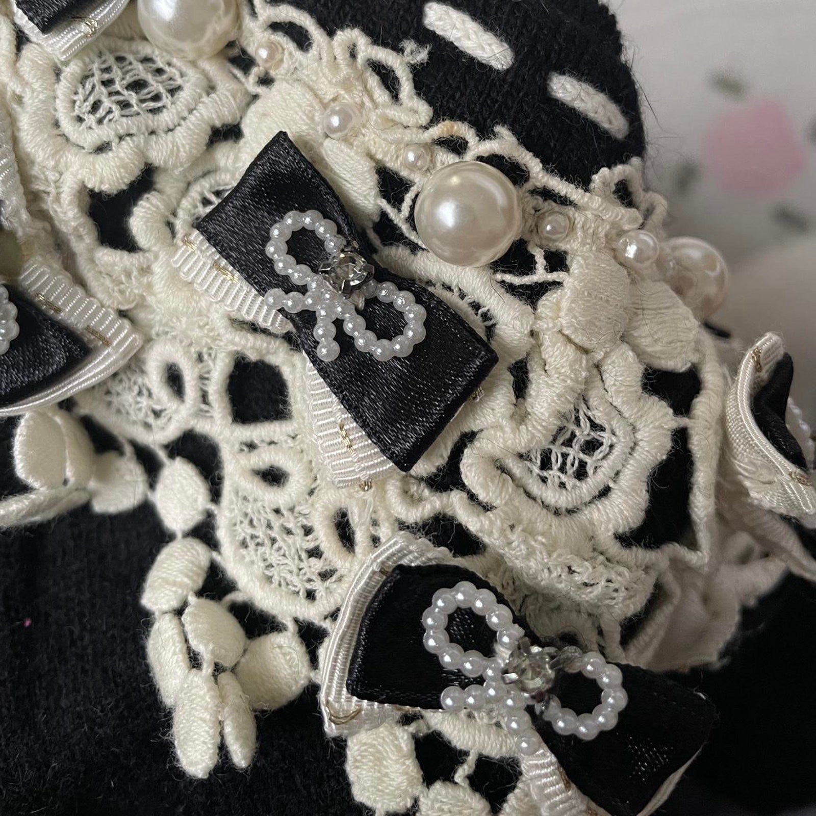 Vintage Japanese knit cardigan with lace and pearl details5