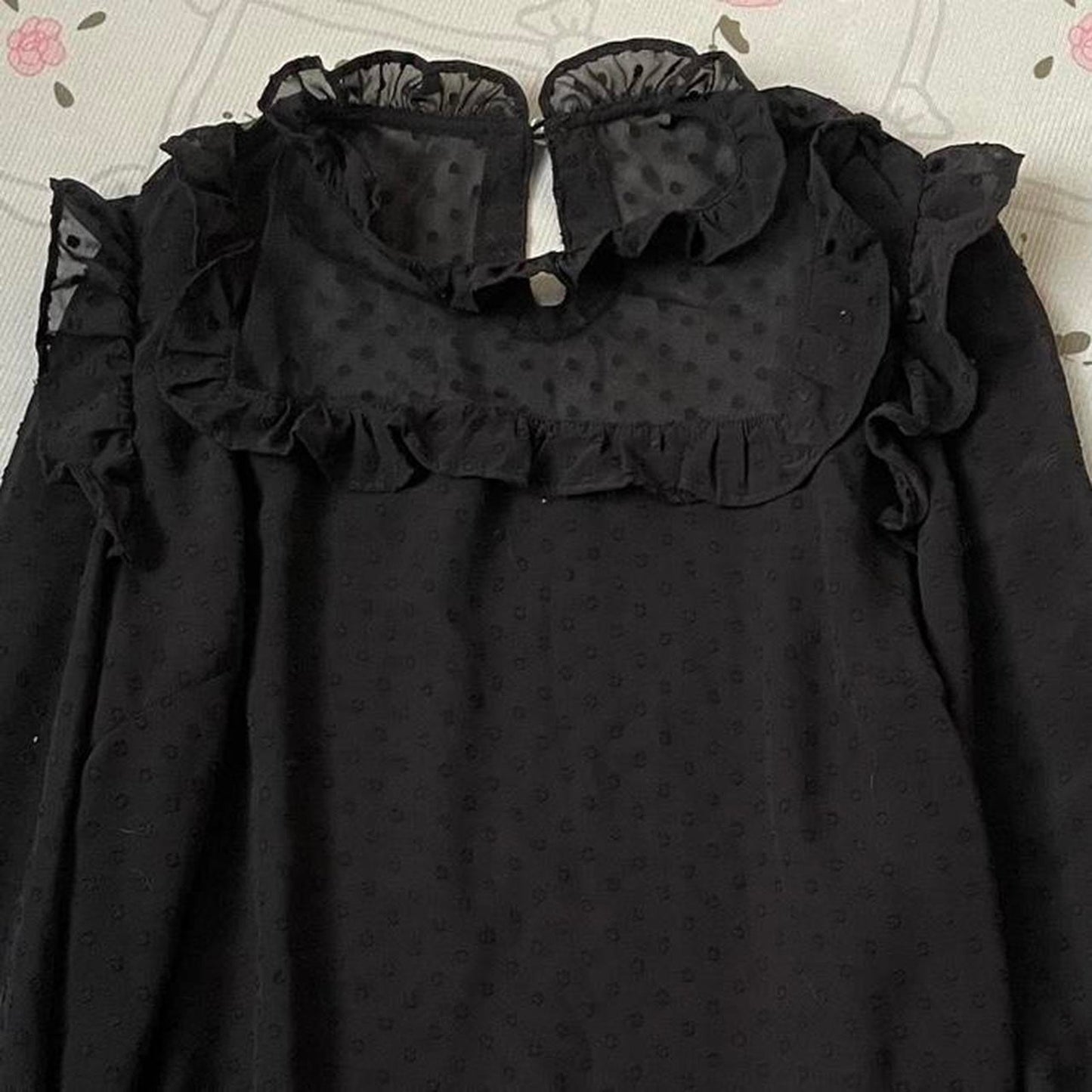 Ank Rouge black sheer blouse with ribbon and ruffle details4