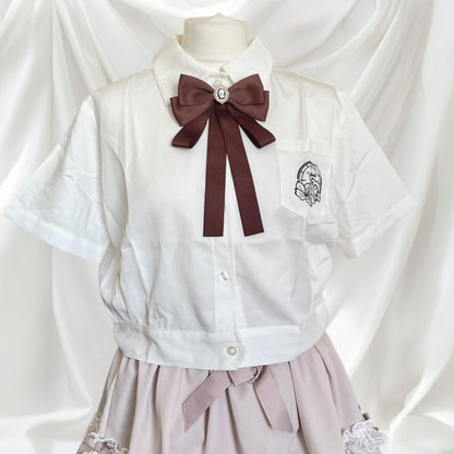 White and brown bow blouse with cute details 0