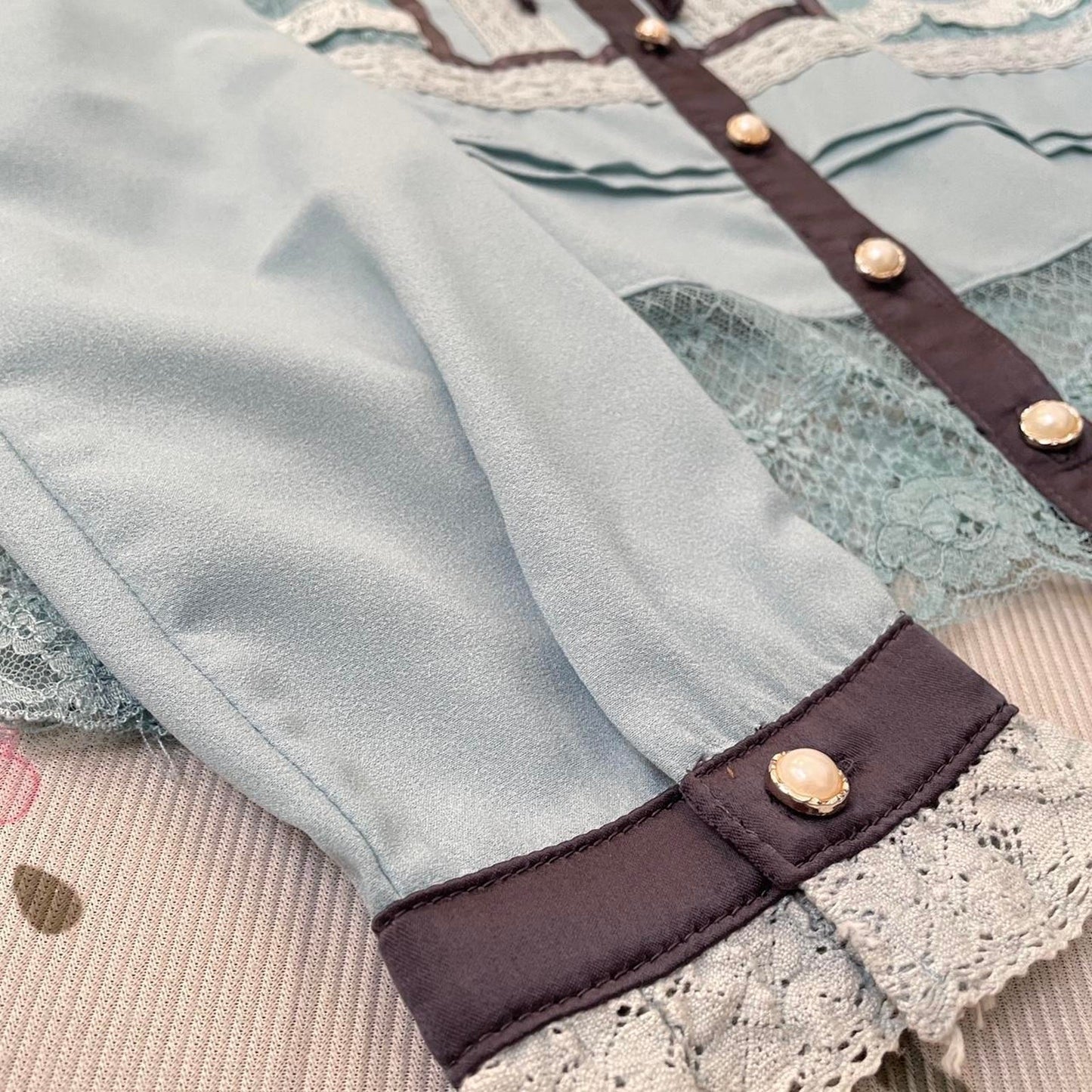 Axes Femmelace-panel blouse in dusty blue with pearl buttons4