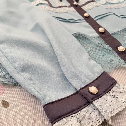 Axes Femmelace-panel blouse in dusty blue with pearl buttons4